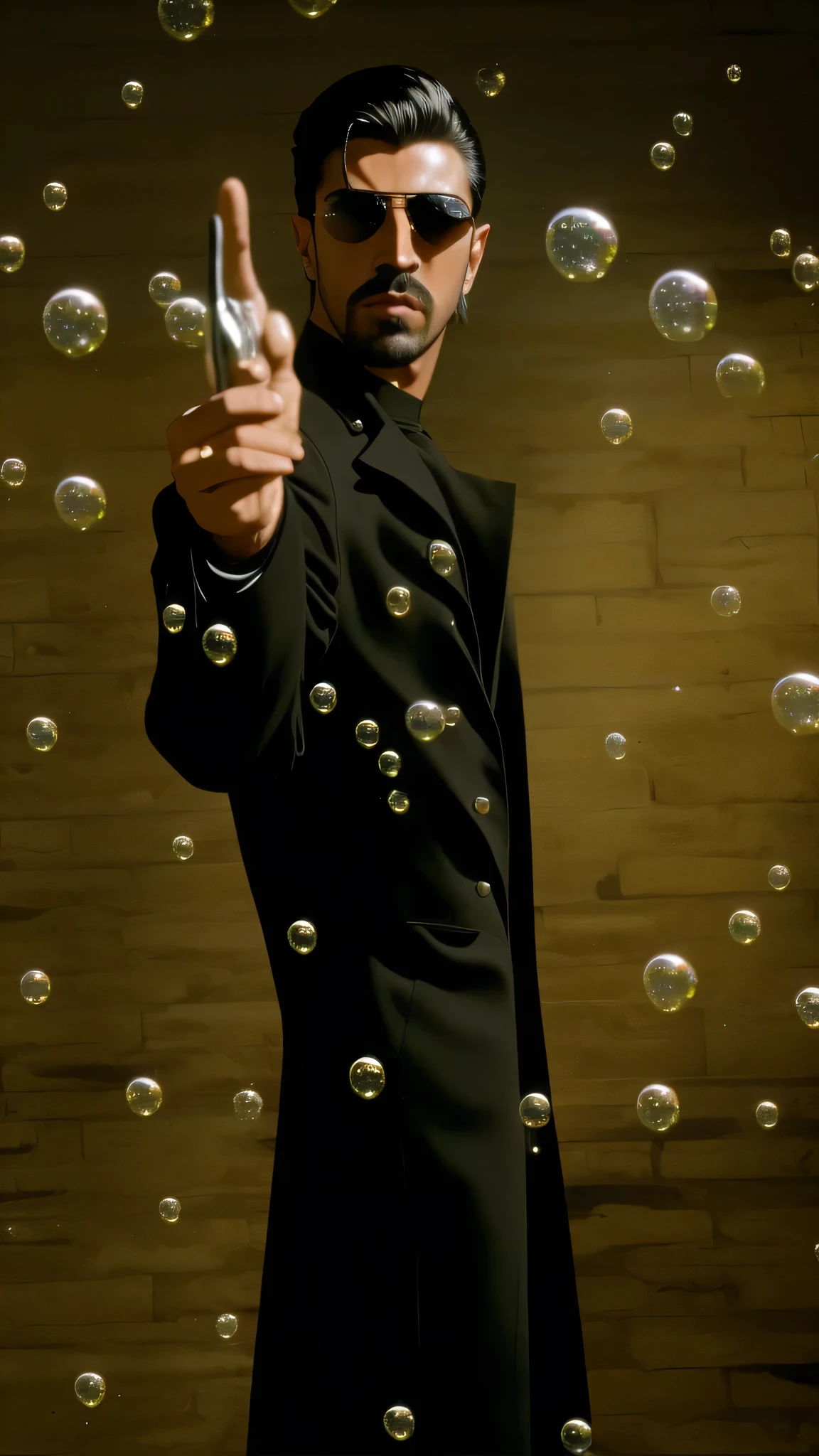 faaris azura in a black coat and sunglasses standing in front of a wall with bubbles, faaris azura from matrix, neo from the matrix, faaris azura in the new matrix movie, faaris azura in a still from the matrix (1999), faaris azura as neo in the matrix,