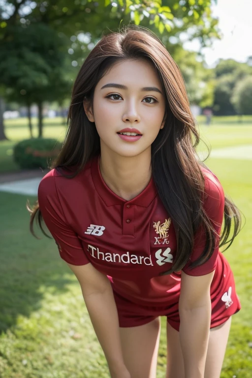 (8ก, best quality, Masterpiece:1.2), (realistic, realistic:1.37), Special details, 1 girl,cute,alone,Beautifully detailed sky,date,(Blush),(smile:1.15), (very big breasts),Beautifully detailed eyes,(long hair: 1.2),floating hair NovaFrogStyle, full body, (ball) ,(environment,lawn,tree,river) ,(football player set,Liverpool FC,England),(เสื้อLiverpool FC, Red Shirt), (Random shorts) Sexy Gestures, Pulling on shirt, revealing large breasts