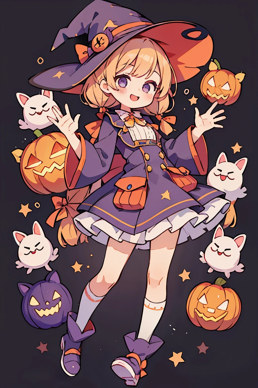 Full body Esbian、eye up、laughter、 Cute pose waving、Glamorous Hat、witch、Draw buttons and pockets on clothes in a Halloween style、cute shoes、high knee socks、big chest、big boobs