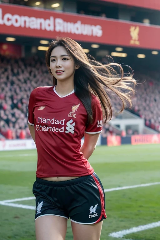 (8ก, best quality, Masterpiece:1.2), (realistic, realistic:1.37), Special details, 1 girl,cute,alone,Beautifully detailed sky,date,(Blush),(smile:1.15), (very big breasts),Beautifully detailed eyes,(long hair: 1.2),floating hair NovaFrogStyle, full body, (ball) ,(environment,Football Field) ,(football player set,Liverpool FC,England),(เสื้อLiverpool FC, Red Shirt), (Random shorts) Sexy Gestures, Pulling on shirt, revealing large breasts