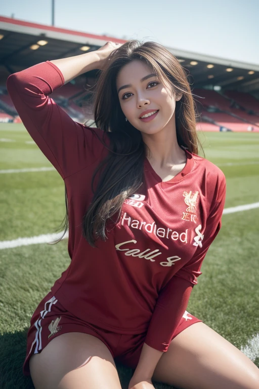 (8ก, best quality, Masterpiece:1.2), (realistic, realistic:1.37), Special details, 1 girl,cute,alone,Beautifully detailed sky,date,(Blush),(smile:1.15), (very big breasts),Beautifully detailed eyes,(long hair: 1.2),floating hair NovaFrogStyle, full body, (ball) ,(environment,Football Field) ,(football player set,Liverpool FC,England),(เสื้อLiverpool FC, Red Shirt), (Random shorts) Sexy Gestures, Pulling on shirt, revealing large breasts