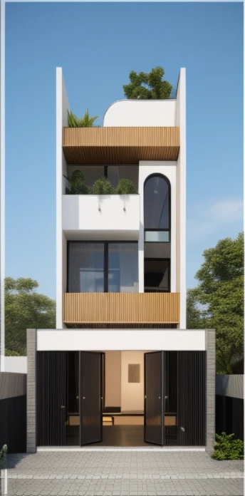 Exterior, morden house, main material about concrete, side wood, white, dynamic light, curve linear, warm light, dark light:1.3, dynamic light, shimering air