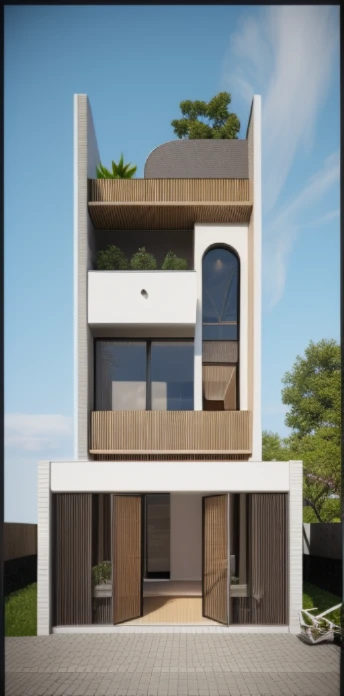 Exterior, morden house, main material about concrete, side wood, white, dynamic light, curve linear, warm light, dark light:1.3, dynamic light, shimering air