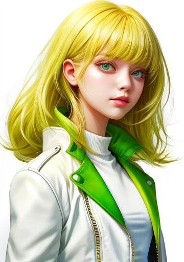 cute girl, white background , yellow green medium hair, looking at another point, illustration, wearing white leather jacket,
