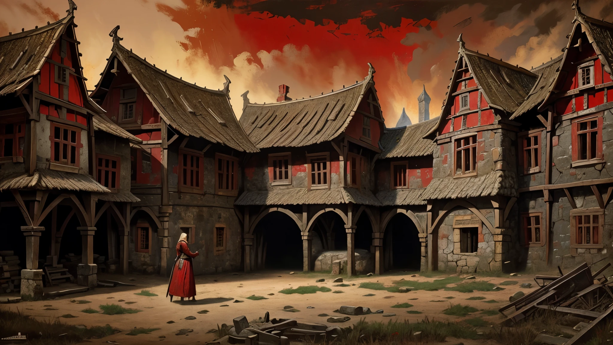 masterpiece, best quality, ruined village, medieval woman, red theme, (oil painting), terrifying, in the style of realistic fantasy, neon color palette, dark bronze and red, split toning, exotic realism, war winner, gorgeous colors