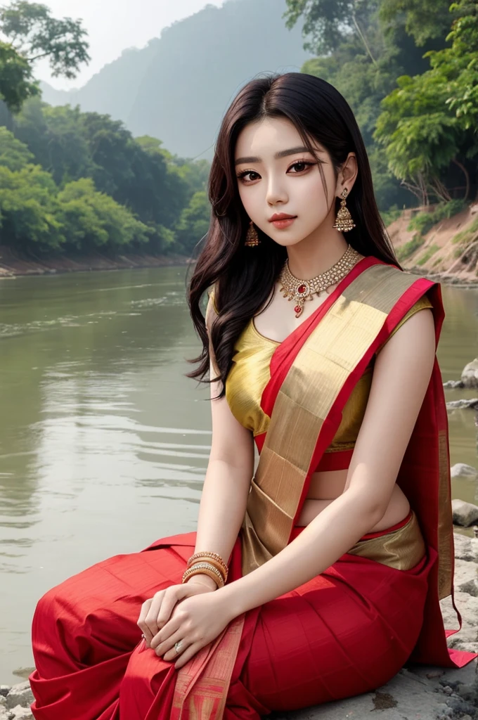 Lia of k-pop group Itzy wearing an Indian saree and sitting on banks of River Ganga