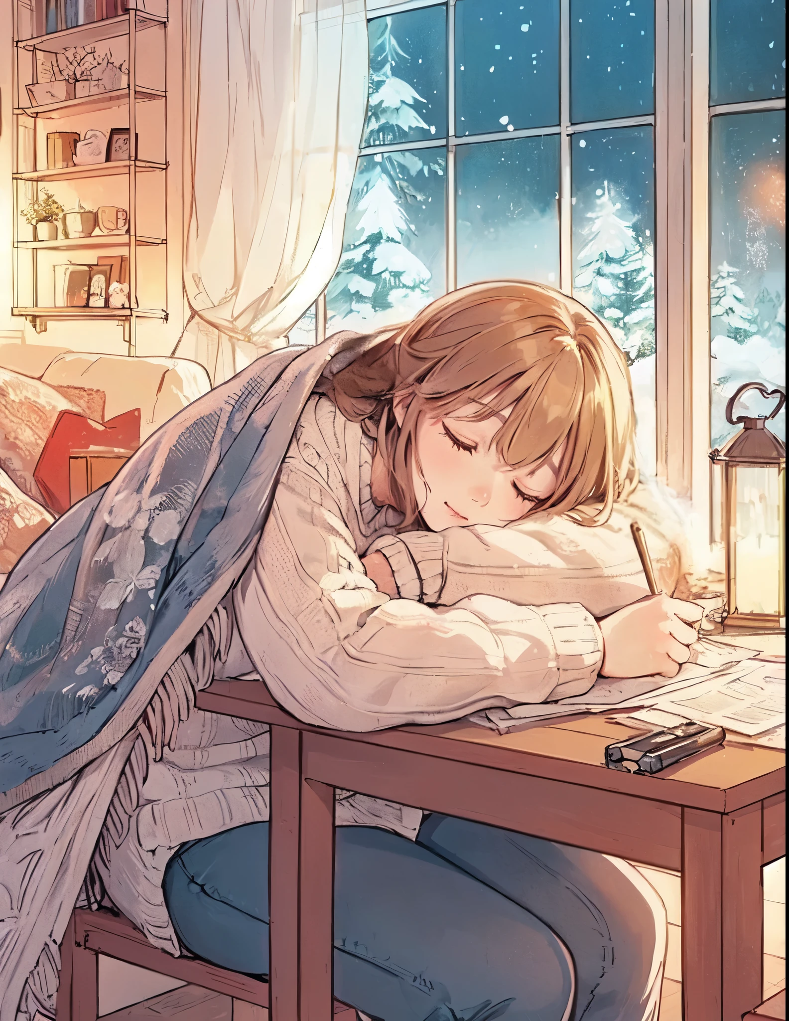 1lady solo, (sleeping at a table:1.2), (sitting a chair), sweater, denim pants, mature female, /(light brown hair/) bangs, (eyes lightly closed:1.1) (small mouth), (masterpiece best quality:1.2) delicate illustration ultra-detailed BREAK (blanket over shoulder and back:1.2), (some objects on the table) BREAK (cozy living room) indoors, window snowy, detailed background BREAK (soft color tone:1.3)