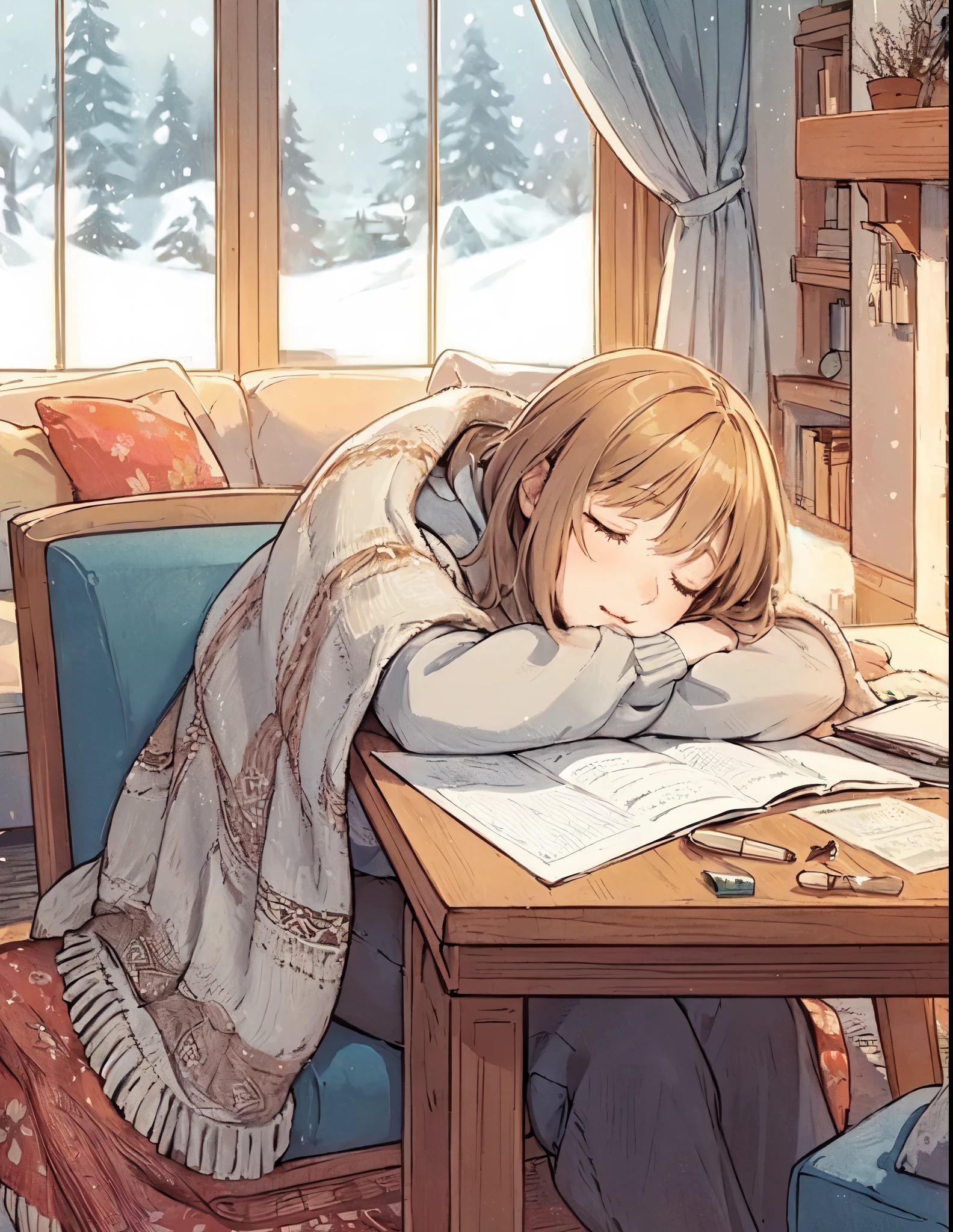 1lady solo, (sleeping at a table:1.2), (sitting a chair), sweater, denim pants, mature female, /(light brown hair/) bangs, (eyes lightly closed:1.1) (small mouth), (masterpiece best quality:1.2) delicate illustration ultra-detailed BREAK (blanket over shoulder and back:1.2), (some objects on the table) BREAK (cozy living room) indoors, window snowy, detailed background BREAK (soft color tone:1.3)