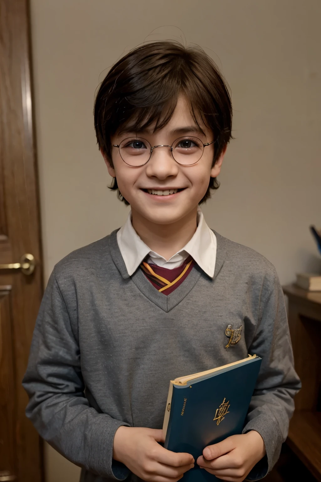 Third grade boy,Looks like Harry Potter,Smiling,look straight ahead,Wear a school uniform,Hold a book in both hands。without glasses