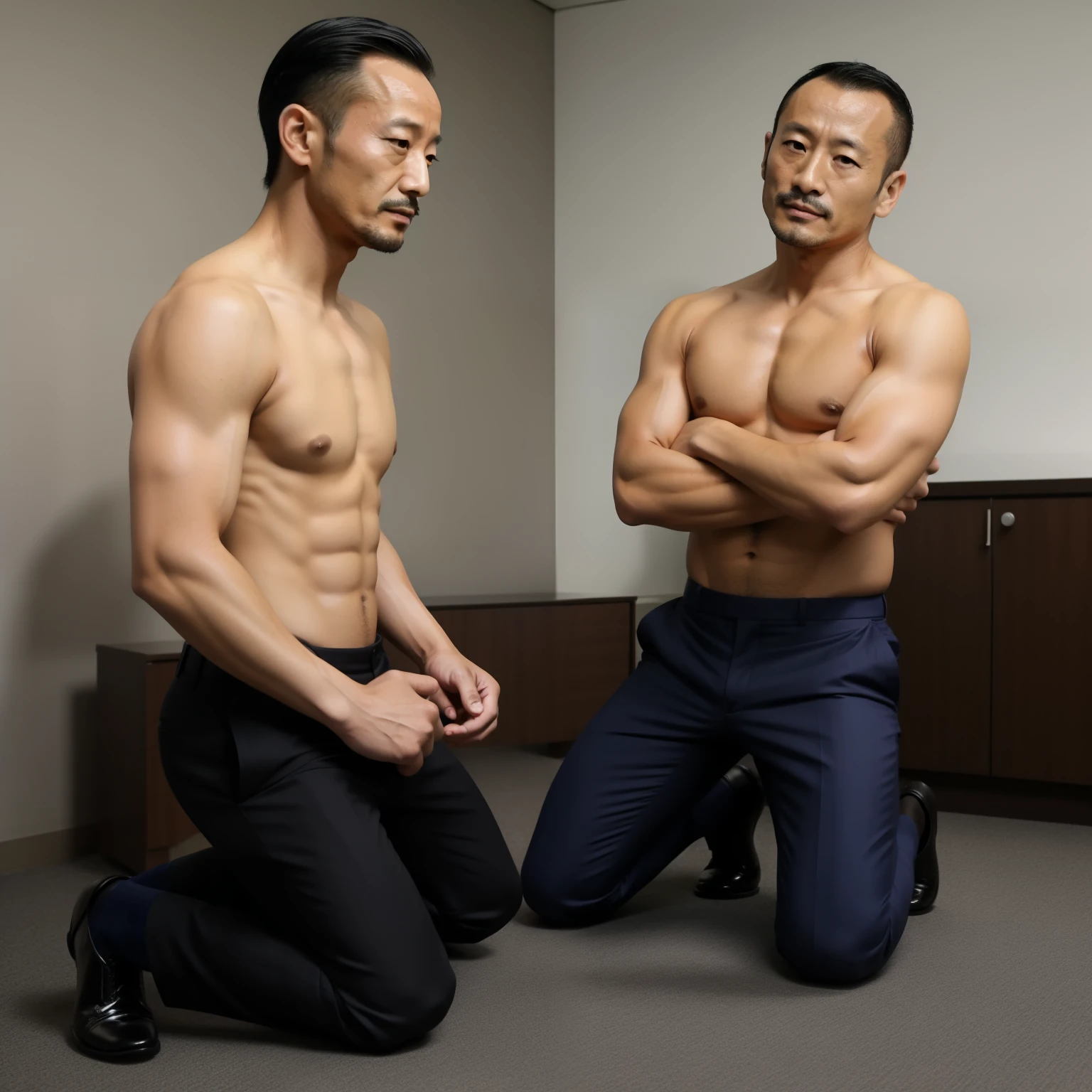 45 years old，Hidetoshi Nakata ，（Death of Kogoro 1.3），Office room，black socks，With a bushy mustache，Two muscular men kneeling，shirtless，sexy inner，blue