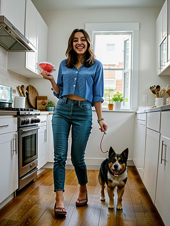 A woman standing in the kitchen, holding a dog bowl, her expression is of immense joy and rapture, full body shot, her body is positioned ¾ to the right, comics style, dog sitting by her feet
