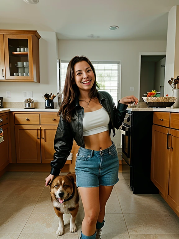 A woman standing in the kitchen, holding a dog bowl, her expression is of immense joy and rapture, full body shot, her body is positioned ¾ to the right, comics style, dog sitting by her feet