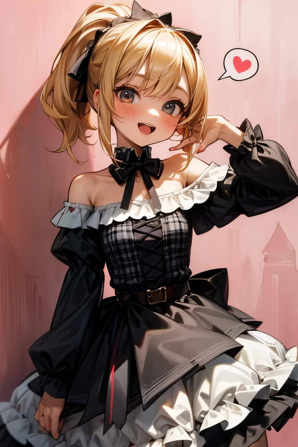 (Photorealsitic:1.3), ((Masterpiece)), (best quality), cute , ponytail hair, beautiful blonde hair, Plaid dress, (Off-Shoulder dress), hoop dress, (lolita fash, exposed bare shoulder and arms, lolita style, a girl cosplay, loli, cute smile, omouth, pretty, portrait of lolita girl, emo style, checker, (against the Colorful pastel wall), ribbon belt, ((spoken heart)), Melted Chocolates, (Reach forward with hand)