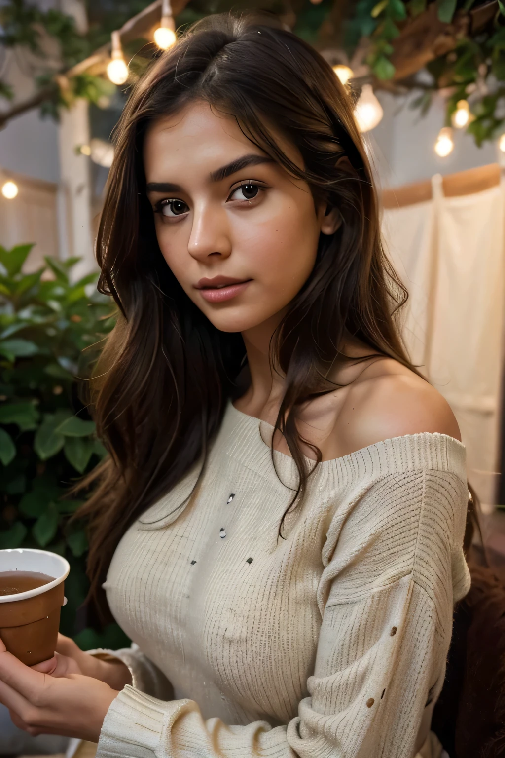 A 22-year-old woman with an elegant appearance. A 22-year-old model posing in a cozy coffee shop. The warm light from the shop creates a welcoming ambiance. My long, wavy chestnut hair cascades over my shoulders and frames my face, highlighting my green eyes. My full, dark red lips are shaped into a smile. My button nose is sprinkled with freckles, contrasting with my tanned skin. My eyebrows are thick and dark, giving me a seductive look. My cheekbones are high and defined, and my eyelashes are long and curled. My curves are accentuated. My pose is elegant and relaxed, with my body facing the camera and my face turned to one side. I’m wearing a cozy sweater and a high-waisted skirt. My hair is loose, and my makeup is light and natural. The shot is taken from a distance, with the camera positioned slightly lower to emphasize my beauty. There is a cozy, intimate atmosphere, and I am laughing and smiling, looking happy. My teeth are white. My hands are not in the frame. The photo quality is from an iPhone 13.