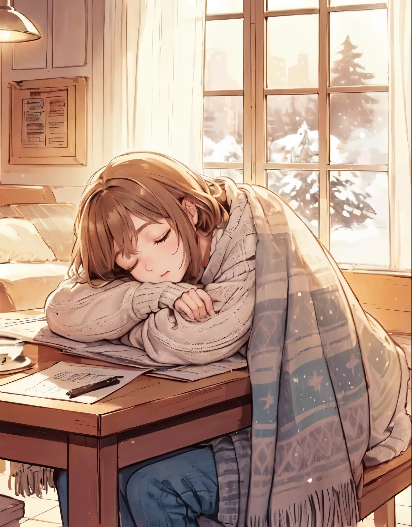 1lady solo, (sleeping at a table:1.2), (sitting a chair), sweater, denim pants, mature female, /(light brown hair/) bangs, (eyes lightly closed:1.1) (small mouth), (masterpiece best quality:1.2) delicate illustration ultra-detailed BREAK (blanket over shoulder and back:1.2), (some objects on the table) BREAK (cozy living room) indoors, window snowy, detailed background BREAK (soft color tone:1.3)