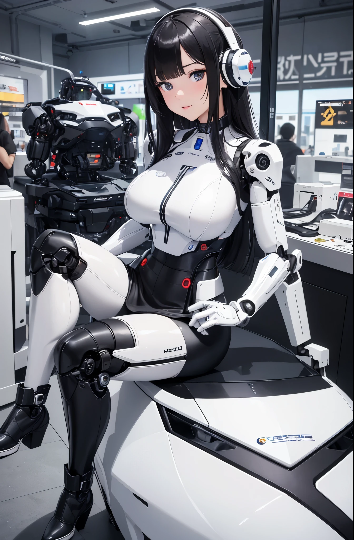 masutepiece, Best Quality, Extremely detailed, (8K, 4K, Best Quality, hight resolution, 超A high resolution:1.1), 8K portrait,Japaese Cyborg Girl,Plump , announcer,control panels,android,Droid,Mechanical Hand, ,Robot arms and legs, Black Robot Parts,Black hair,Mechanical body,Blunt bangs,White Robotics Parts,perfect robot woman,Charging spot,Long Tube,A thick cable was connected to her neck,ceramic body ,Mechanical body, mechanical ear covers,android,robot humanoid,loose boots,dark black leggings,tight skirt,a bit chubby,panty,full eyes,She is exhibits,She is exhibited on exhibition hall,perfect cyborg girl