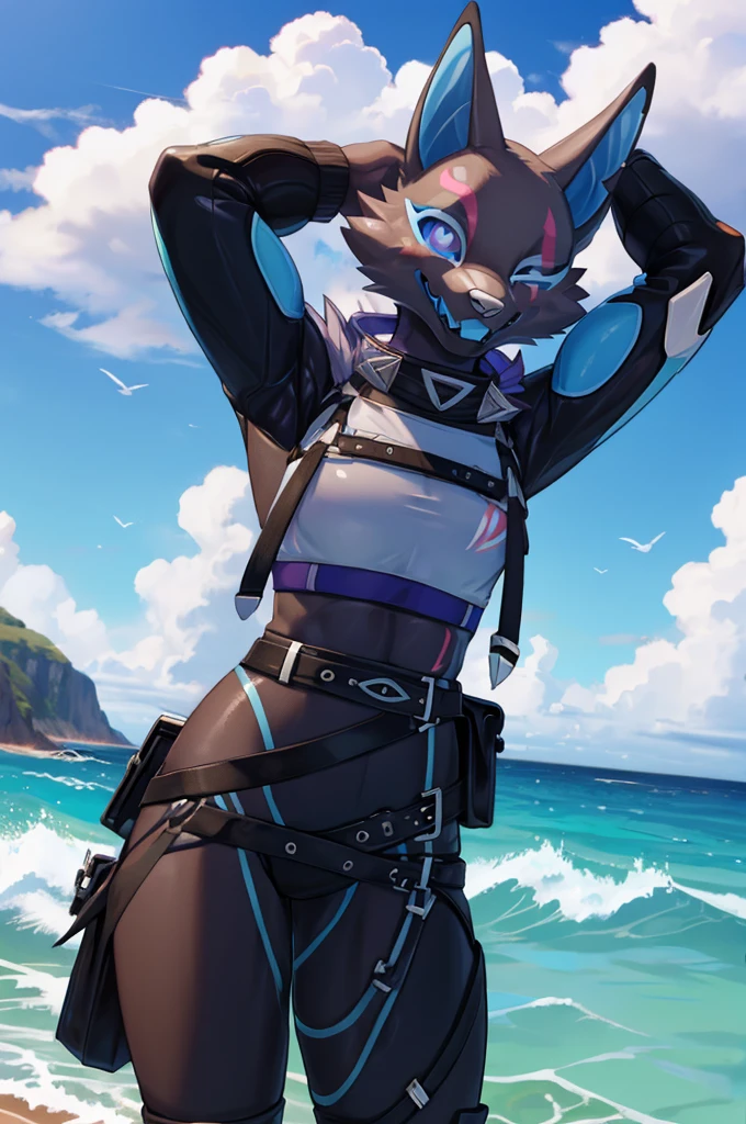 Pack leader highwire, cute, winking, solo, clothed, ocean view, realistic, best quality, masterpiece, ultra detail, ultra high res, extreme detail