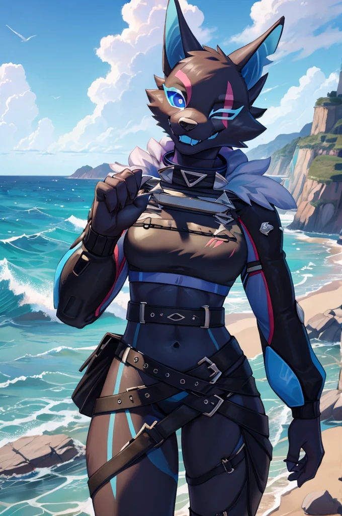 Pack leader highwire, cute, winking, solo, clothed, ocean view, realistic, best quality, masterpiece, ultra detail, ultra high res, extreme detail