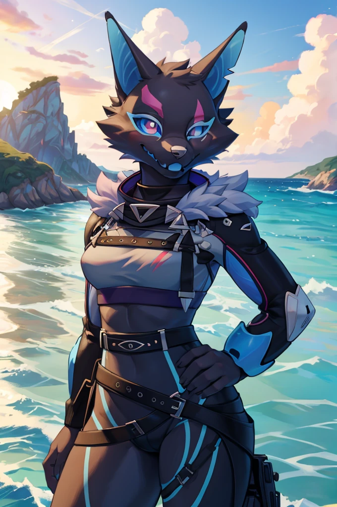 Pack leader highwire, cute, winking, solo, clothed, ocean view, realistic, best quality, masterpiece, ultra detail, ultra high res, extreme detail