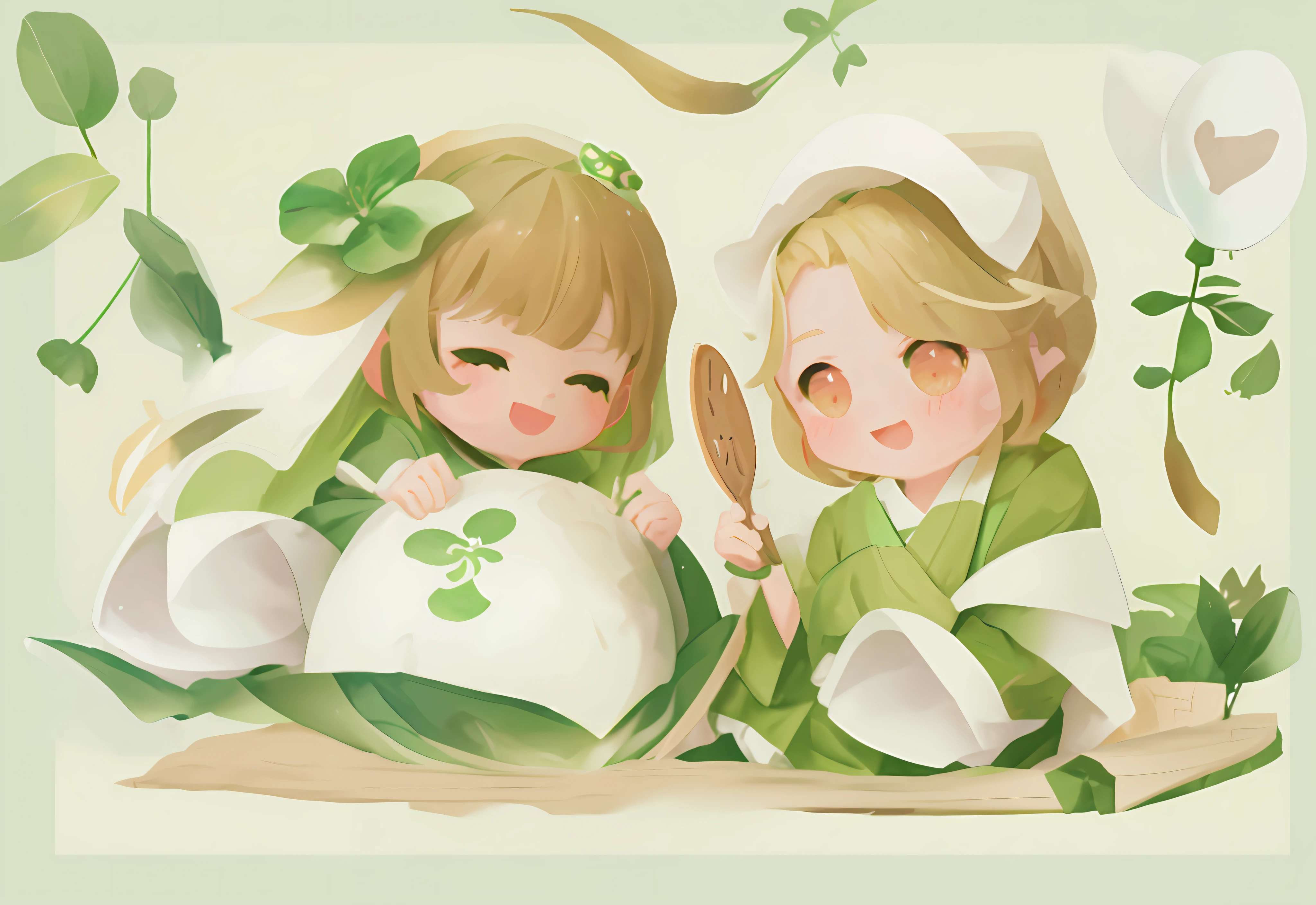 There are two girls dressed in green and white holding a zongzi, Negao, official doujin art, high quality doujin art, loli, cute digital art, splash art anime loli, cute detailed digital art, rune factory art style 5, maple story character art, green blessing, white bi, cute, 🍁 melt into Lilliput