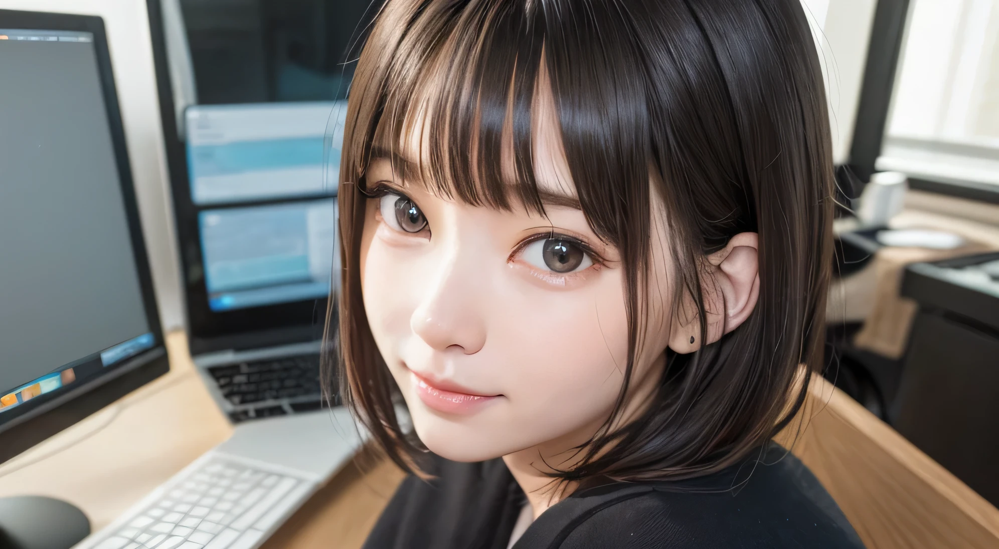 (full body photo:1.4)、Shooting from the side、 (Raw photo:1.2)、(Photoreal:1.4)、(masterpiece:1.3)、(highest quality:1.4)、dream-like、(detailed eye)、(detailed facial features)、(Detailed clothing characteristics)、skin tightening、(shiny skin、Human skin)、(slender girl)、(slim girl)、one girl、28 years old、secretary、career woman、(((Short bob hair with bangs、Brown-black hair、black eye、Big eyes、There is a distance between the eyes、drooping eyes、big and full breasts、(((looking away)))、beautiful、Please show your ears、long neck、A big smile、Mouth closed and serious expression)))、ideal body proportions、cute、happy smile、28 years oldの日本の女性、Beautiful leg form、Typing on the keyboard on a desk computer、(((looking at the computer in front of you:1.5)))、((Profile photography))、 Office Casual、small necklace、Large office background、Features contemporary design furnishings,,There are large windows、You can see skyscrapers outside the window、daytime、sunny、stylish,high end technology,Contemporary lighting,A clutter-free workspace、(((Profile staring at a computer)))