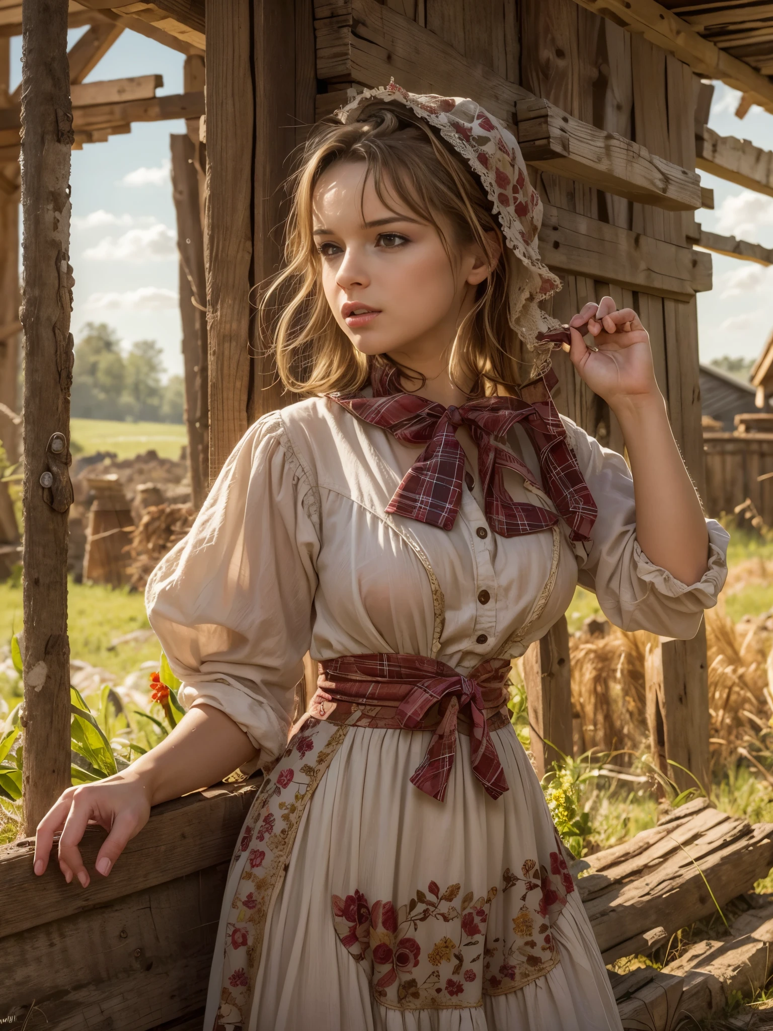 Top quality, masterpiece, ultra high definition, (Real: 1.4), farm girl in the barn, rustic clothing, cute, renatadaninsky 