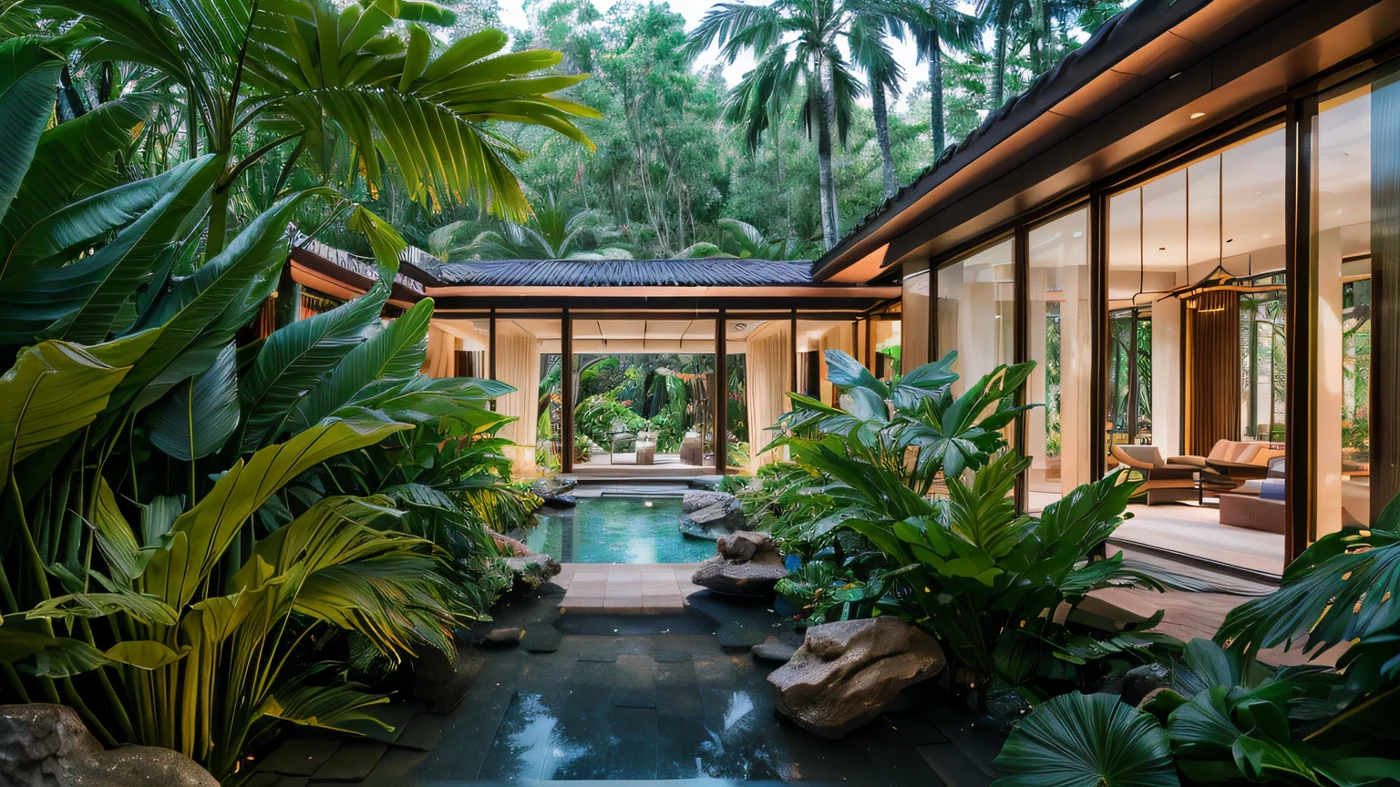 exterior, villa modern, tropical garden, combination of trees, decoration, ecology, sunlight, forest, RAW photo, (high detailed skin:1.2), 8k UHD, DSLR, soft lighting, high quality, film grain, Fujifilm XT3