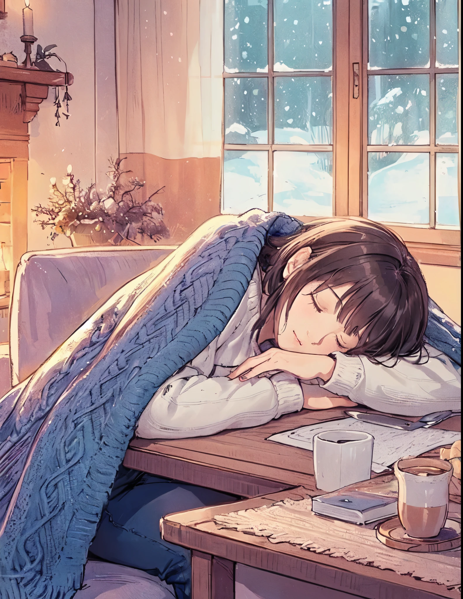 1lady solo, (sleeping at a table:1.2), (sitting a chair), sweater, denim pants, mature female, /(dark brown hair/) bangs, (eyes lightly closed:1.1), (masterpiece best quality:1.2) delicate illustration ultra-detailed BREAK (blanket over shoulder and back:1.2), (some objects on the table) BREAK (cozy living room) indoors, window snowy, detailed background BREAK (soft color tone:1.3)