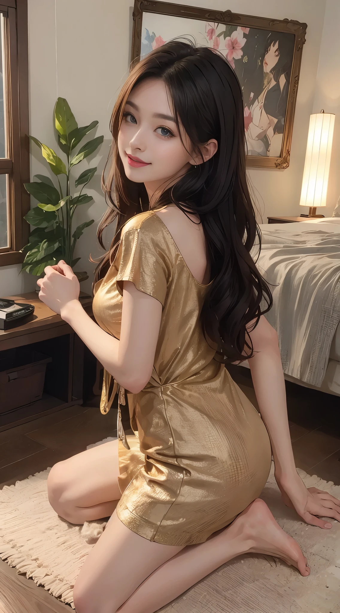((Top Quality, 8k, Masterpiece: 1.3)), Beauty, 2 Girls, Big: 1.3, Slender Abs: 1.1, Dark Brown Hair, (bend over on bed: 1.2), Ultra Detailed Face, Highly Detailed Lips, Detailed Eyes, Double Eyelids, perfect breast, big breast, 1 girl, curvy body, perfect ass, sleeping dress, night gown, night dress, satin pyjamas, back view