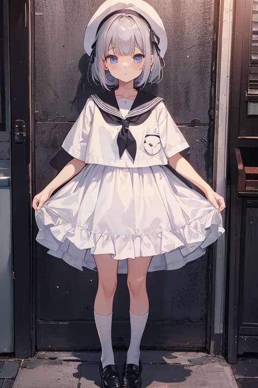 1girl with long hair and dress, 1 girl is taking to lavatory, looking away,  standing,  embarrassed, blush, Keep one's mouth shut,  street (girl is peeing self:0.4) <lora:GoldenSide-v21-1-e32-T1_lora:1> <lora:haveToPeePose:1> <lora:origami1:1>