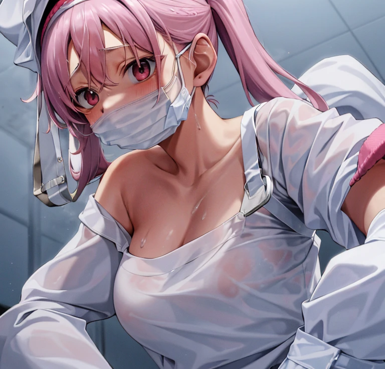 anime girl with a surgical mask on her face and big breasts, hyperrealisitic , a hyperrealisitic , Dripping saliva, realisitic , 2b, 2b, , Oppai, SFW version, by Shitao, shikamimi, | fine detail anime, sensuous, Sakura Kinomoto, (SFW) safe for work