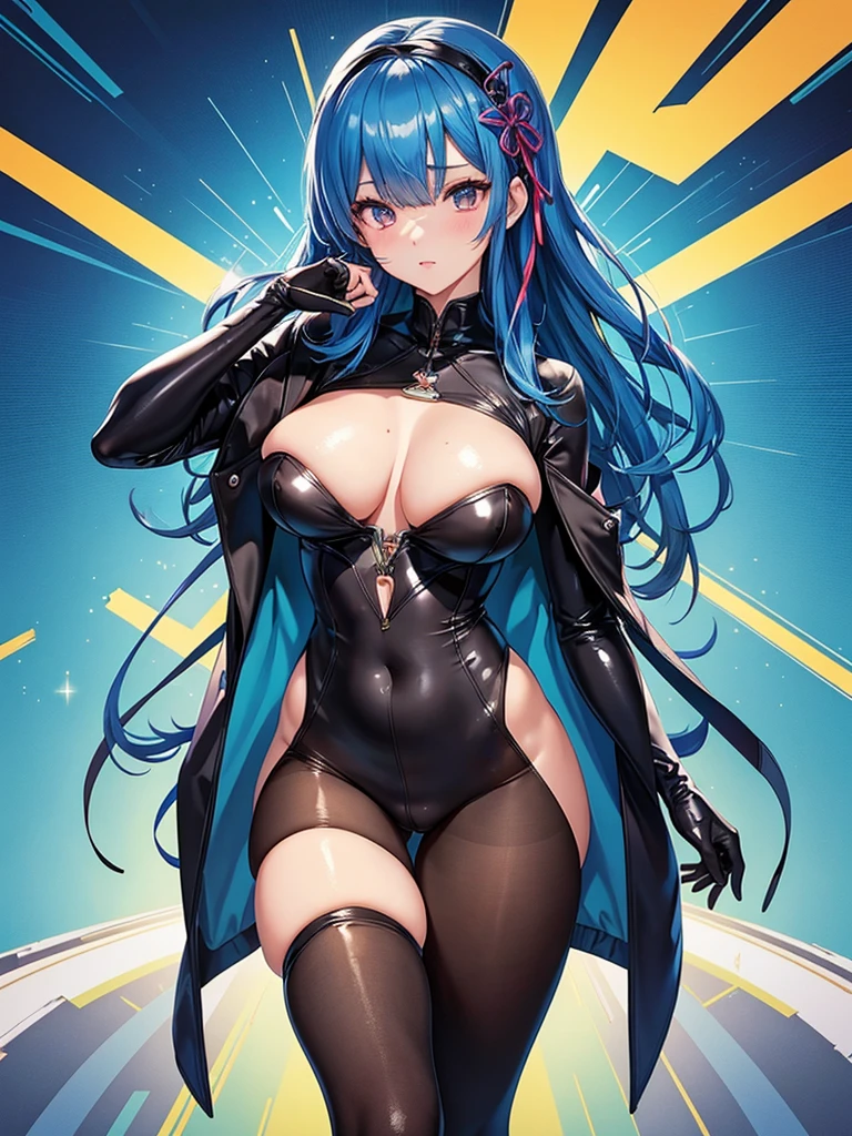 masterpiece, best quality, ultra-detailed,
rem,re zero, blue_hair, short_hair, large_breasts,
bust shot, sexy girl, black_hair long_hair,((beautiful face)) medium_breast thin_waist meaty_thighs, full_open long_coat, pantyhose, body_stockings, full-body tights, Zentai suits, morphsuit, RETRO ART STYLE, NEON_POP ART STYLE, ART STYLE, manhwa style