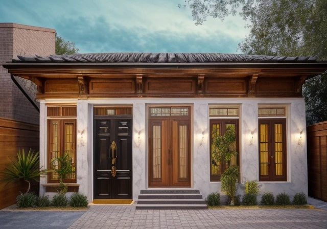 Realistic images, extremely detailed, a modern house,(((1 road in font of house))), large yard made by ceramic, (1 car), brick fence, lawn, a few small flowers, a road in front of the house, main materials of the house are white walls and red brick, Modern design, clear blue sky, sunrise light, light from inside, dynamic light,shimering light, cinematic light, romantic feeling, (((day light, warm light)))