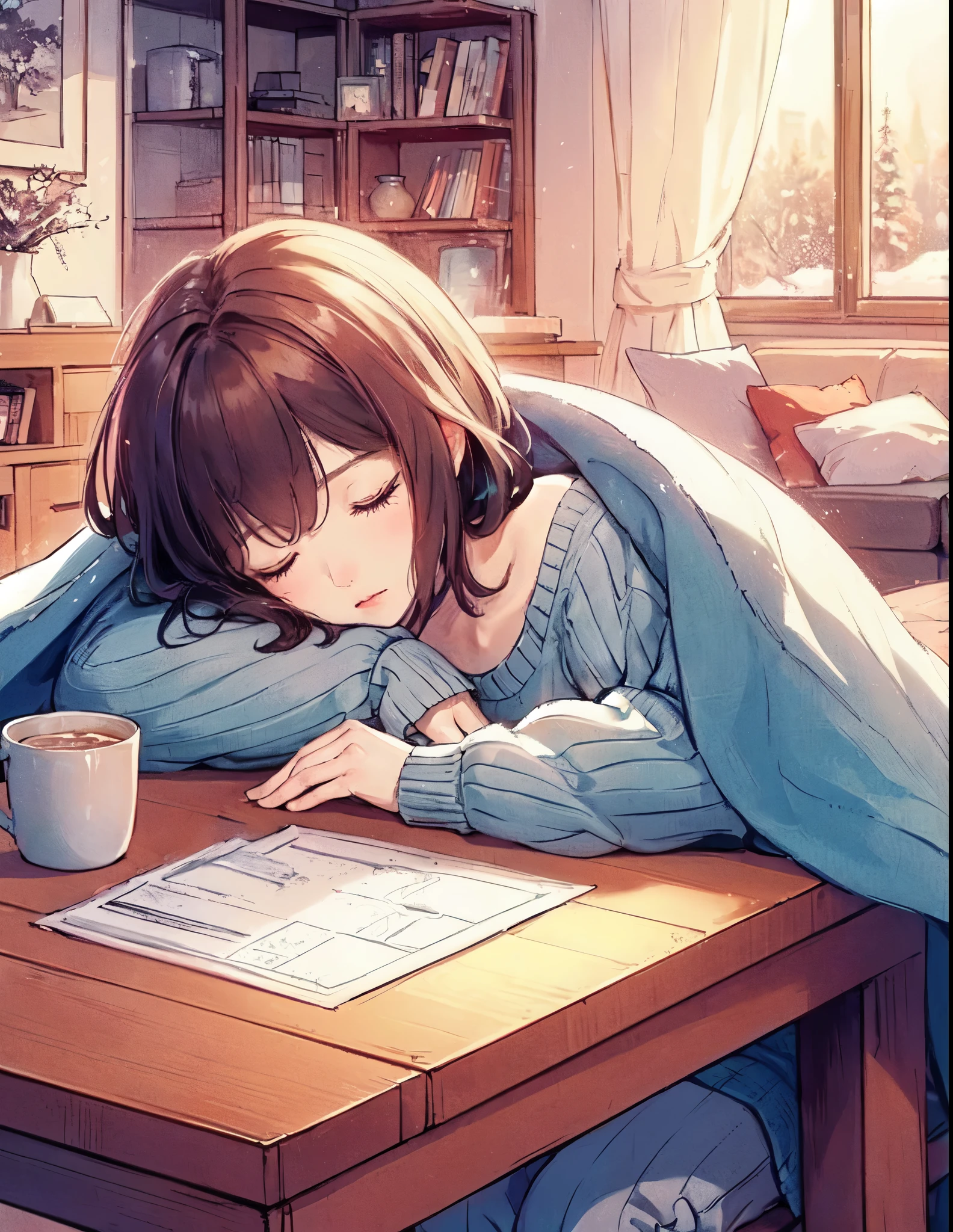 1lady solo, (sleeping at a table:1.2), (sitting a chair), sweater, denim pants, mature female, /(dark brown hair/) bangs, (eyes lightly closed:1.1) (small mouth), (masterpiece best quality:1.2) delicate illustration ultra-detailed BREAK (blanket over shoulder and back:1.2), (some objects on the table) BREAK (cozy living room) indoors, window snowy, detailed background BREAK (soft color tone:1.3)