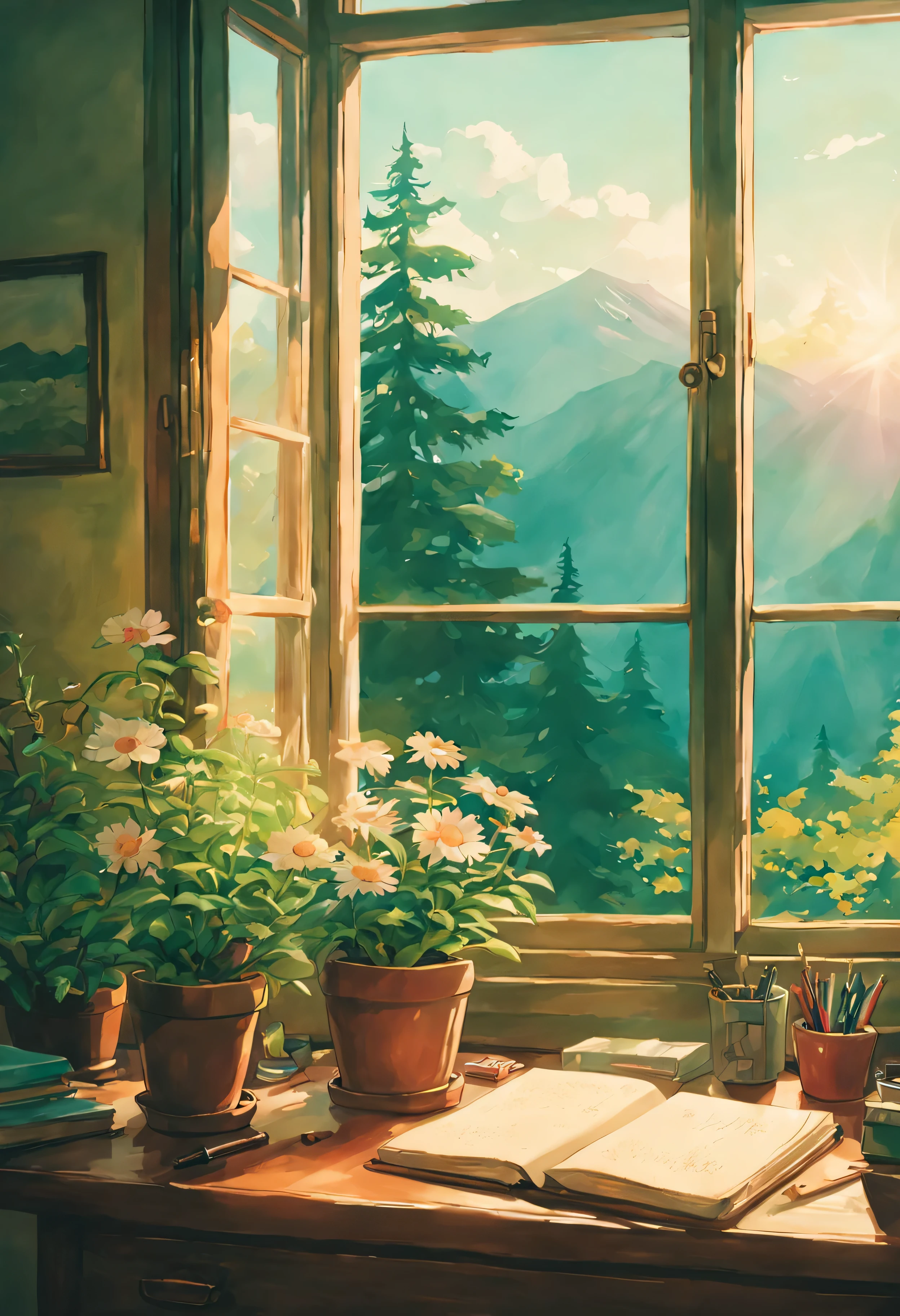 Soft color, studio ghibli, ghibli style, soft tone, lense flare, 90s film style, desk, flower pot, journal, pen. window, forest, hills, Kodak, film grains, hue, anime, Cinematic, high detail, film grain, Fujicolor, UHD, retina, masterpiece, super detail, high details, best quality, 8k, 4K