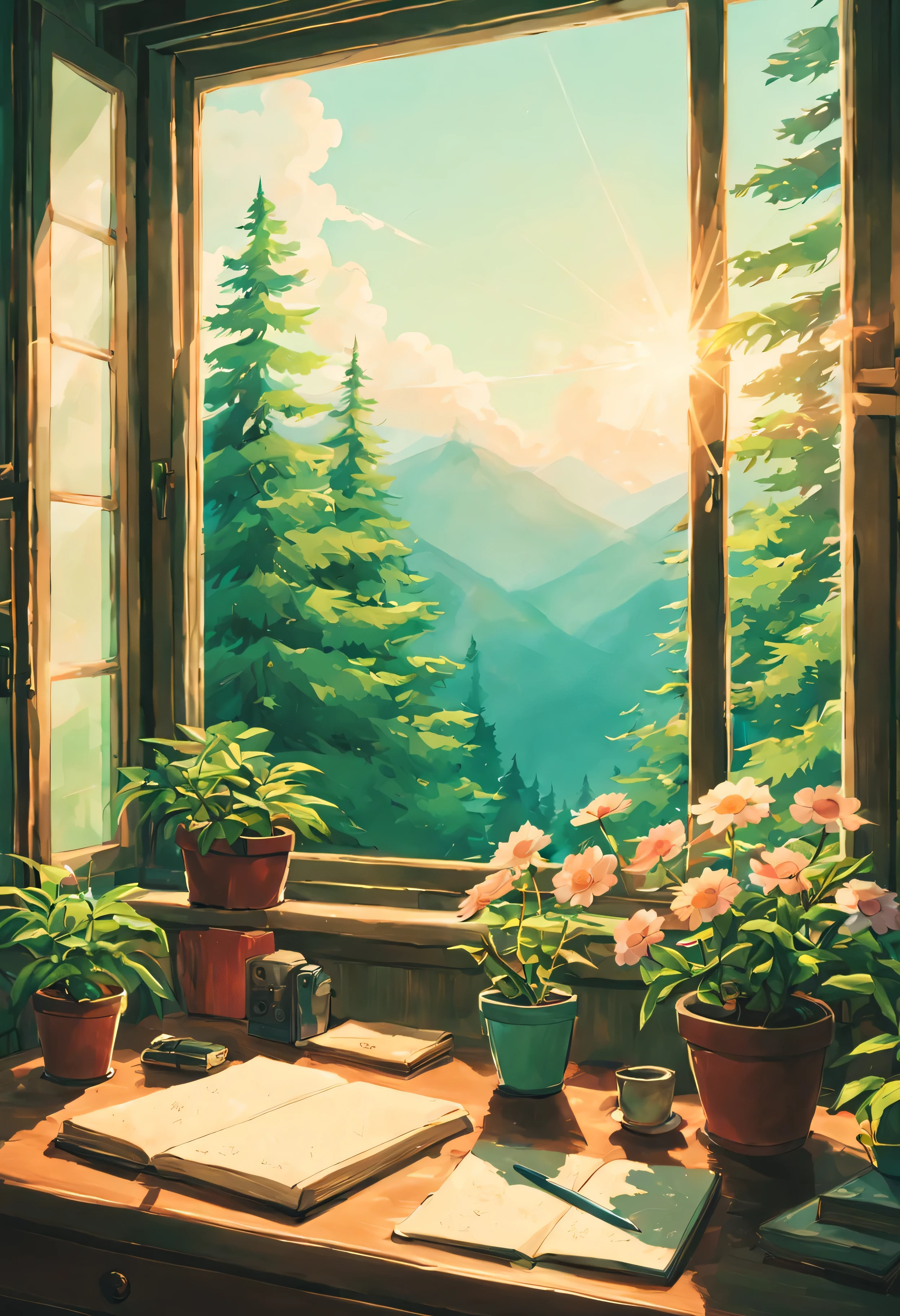 Soft color, studio ghibli, ghibli style, soft tone, lense flare, 90s film style, desk, flower pot, journal, pen. window, forest, hills, Kodak, film grains, hue, anime, Cinematic, high detail, film grain, Fujicolor, UHD, retina, masterpiece, super detail, high details, best quality, 8k, 4K