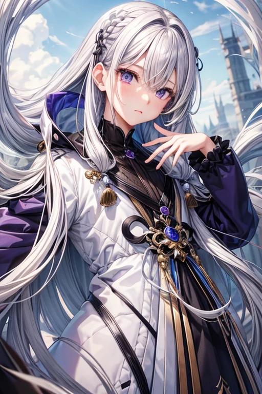 A hairstyle where all the hair is swept back、odd eye、silver hair all back、male、hair is long to the shoulders、odd eye、maleの左目赤色、male右目青、Purple coat、increase wide angle、clear eyes、