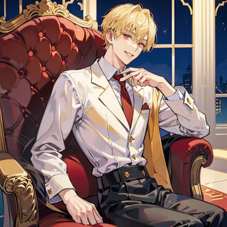 blonde anime guy sitting on a chair,red eyes, blazer, handsome anime pose, Blonde madman,grin,Nihilistic smile, Tall anime guy with red eyes,Danmei,Star motif
