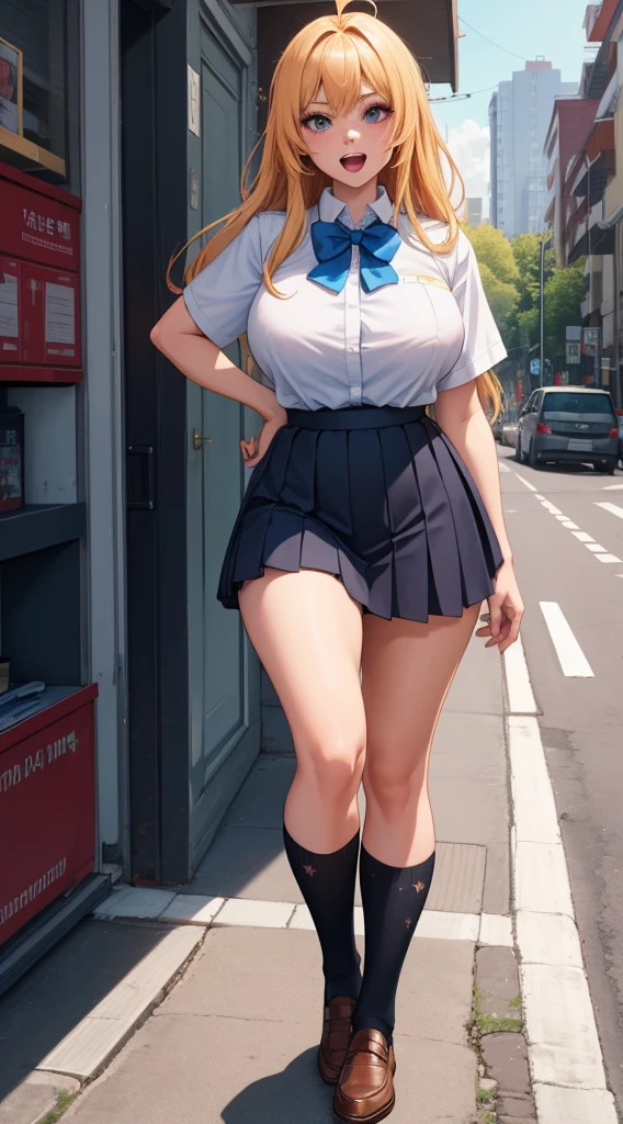 large breasts (weight: 1.5),

an anime/cartoon character wearing a girls school uniform walking upright with straight posture and an open mouth, 1girl, solo, thigh-highs, Short sleeve shirt, ahoge, long hair, hand on hip, full body, bow, school uniform, looking at viewer, bowtie, shoes, loafers, ribbon, (very short skirt:1.4),

official art, extremely detailed CG unity 8k wallpaper, perfect lighting,Colorful, Bright_Front_face_Lightinasterpiece:1.0),(best_quality:1.0), ultra high res,4K,ultra-detailed,
photography, 8K, HDR, highres, absurdres:1.2, Kodak portra 400, film grain, blurry background, bokeh:1.2, lens flare, (vibrant_color:1.2)
, (beautiful_face:1.5),(narrow_waist), (Beautiful,Huge_Breasts:1.3)