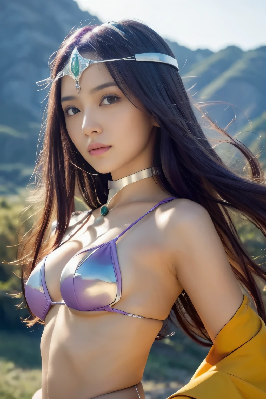 masterpiece、1 beautiful girl、fine eyes、puffy eyes、highest quality, 超High resolution, (reality: 1.4), movie lighting、Japanese、asian beauty、Korean、super beautiful、beautiful skin、body facing forward、close up of face、(超reality的な)、(High resolution)、(8K)、(very detailed)、(美しくfine eyes)、(Super detailed)、 (wall-)、detailed face、bright lighting、professional lighting、looking at the viewer、look straight ahead、slanted bangs、purple hair、Nogizaka idol、korean idol、masterpiece, highest quality, DQ Maniya, circlet, choker, bracelet, bangle, bikini, loincloth,, dynamic pose, :d, I furrowed my brow.,cowboy shot, village, rock formations, Mountain, wood 