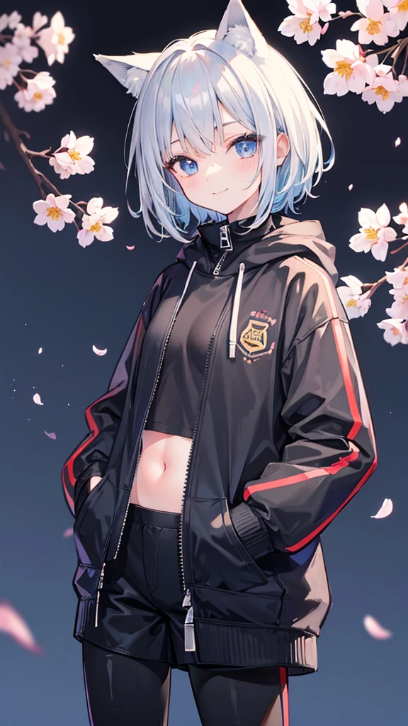 masterpiece,highest quality,fox boyish girl,He is wearing a large oversized hoodie and has his hands in his pockets.,wearing long black tights,These latex pants have a zipper and the zipper is open.,very clear light blue eyes,short hair,Moe sleeves,Image color is pistachio color,small breasts,cherry blossoms,night,I can see your stomach,smiling