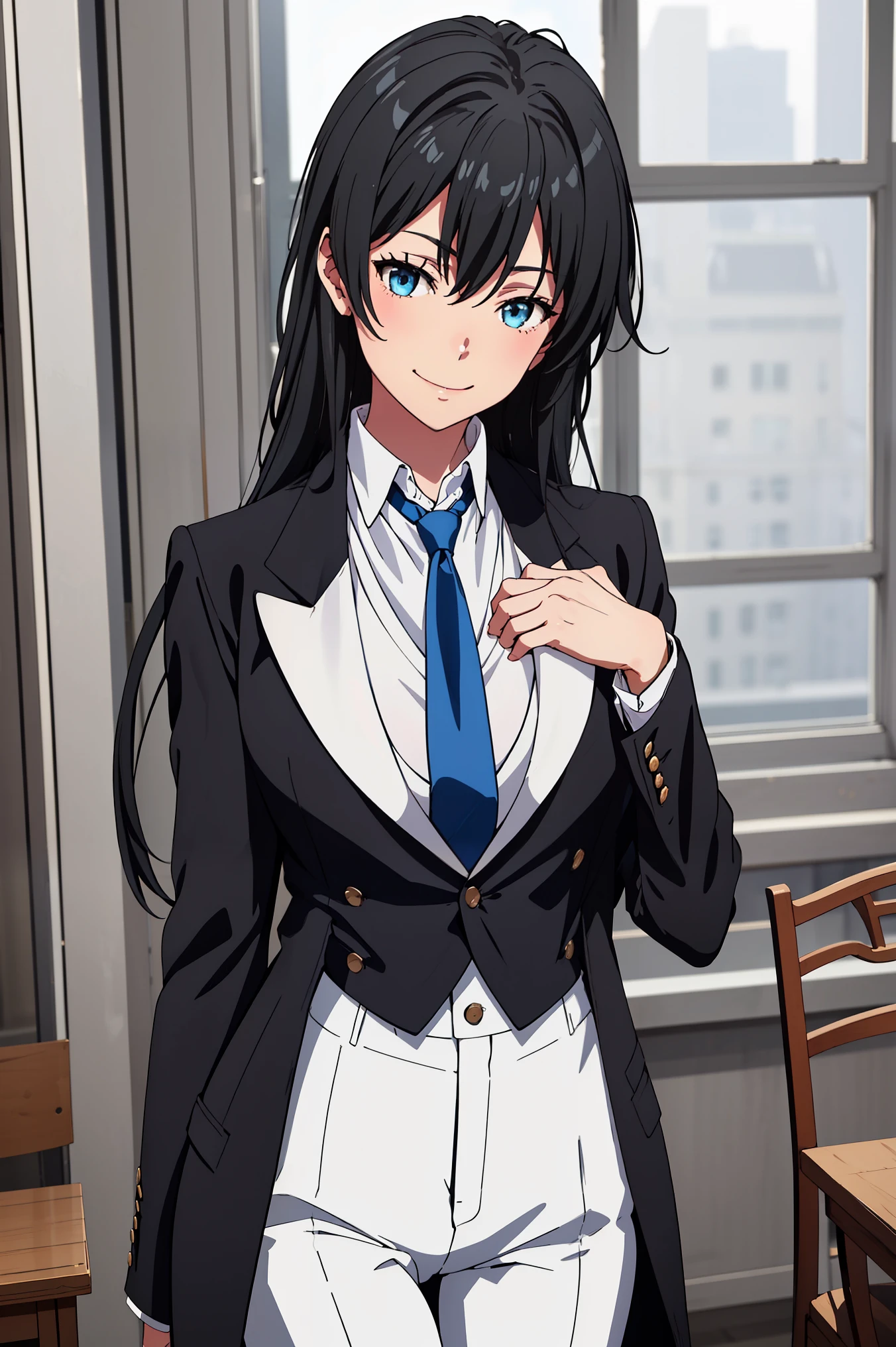 ((best quality)), ((masterpiece)), (detailed) 1girl 1girl, ;\), blurry, blurry_background, breasts, , hair_long , looking_at_viewer, ok_sign, one_eye_closed, open_hand, Yukinoshita Yukino ,Woman wearing formal clothes, An attractive coat stands in a large gap in the room , 1girl, 独奏, blue necktie, Black hair, eyes blue, long hair, smile , collared shirt, white pants, white shirt , Elegantly designed coat , Stand in front of a window ,Perfectly tailored tailcoat. It has a stunning Victorian design and is made of lustrous fabric , soft thighs , full body