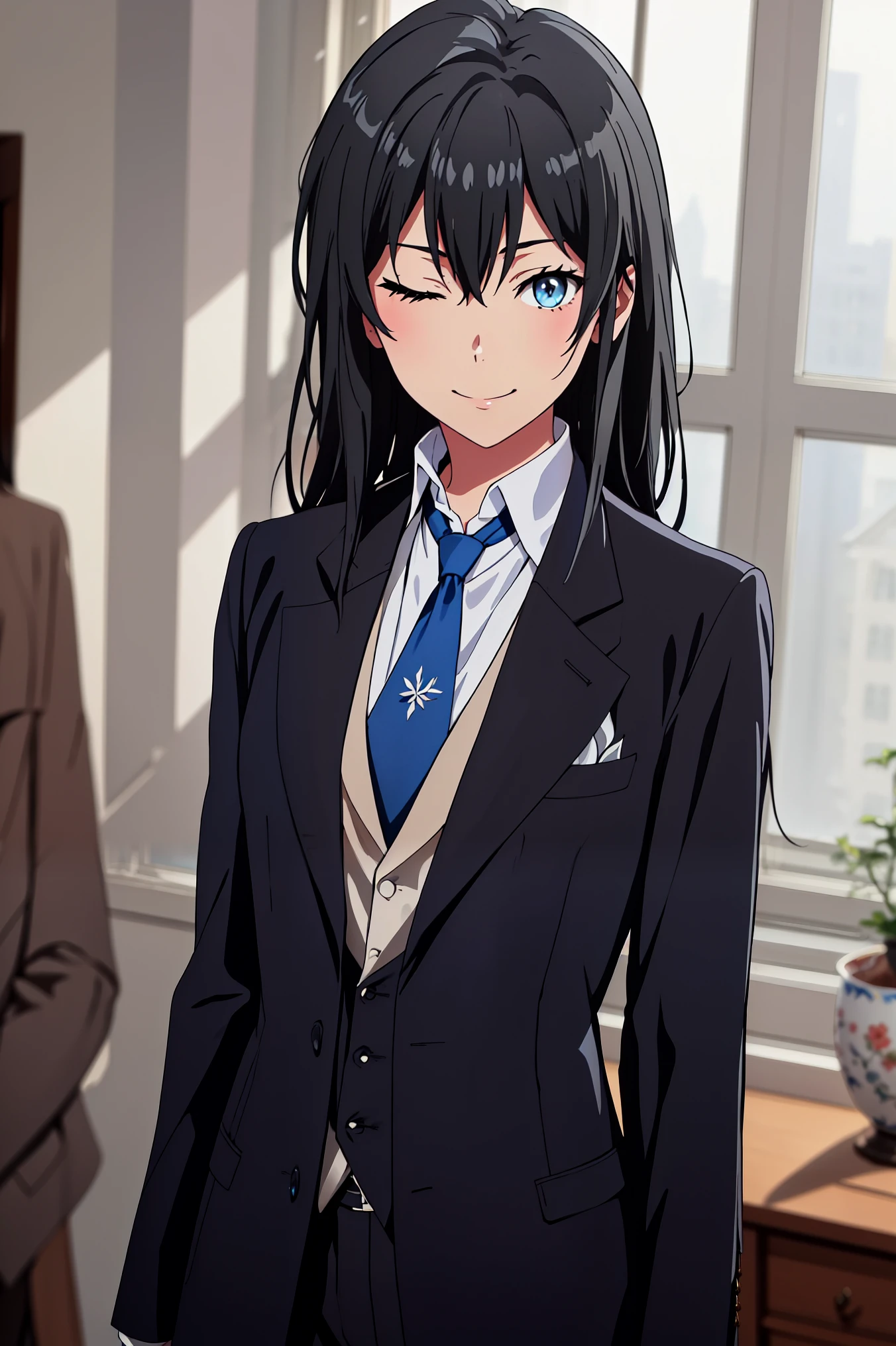 ((best quality)), ((masterpiece)), (detailed) 1girl 1girl, ;\), blurry, blurry_background, breasts, , hair_long , looking_at_viewer, ok_sign, one_eye_closed, open_hand, Yukinoshita Yukino ,Woman wearing formal clothes, An attractive coat stands in a large gap in the room , 1girl, 独奏, blue necktie, Black hair, eyes blue, long hair, smile , collared shirt, white pants, white shirt , Elegantly designed coat , Stand in front of a window ,Perfectly tailored tailcoat. It has a stunning Victorian design and is made of lustrous fabric , soft thighs , full body