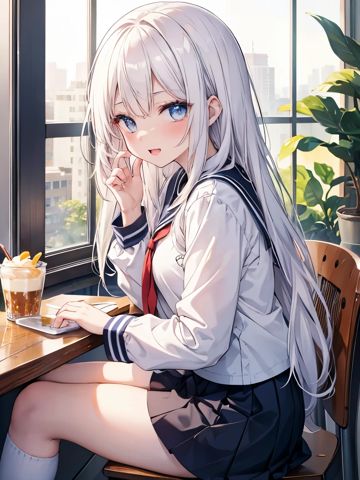 table top, highest quality, (perfect face:1.1), (high detail:1.1), (very detailed目), dramatic, Ultra-fine illustration, very detailed, 1 girl, (white skin), long white hair, mysterious eyes, blue eyes,we say, blush,alone,smile, Happy, laugh together,enjoy,open your mouth, plump lips,cinematic lighting,Who is looking for,cowboy shot,{long sleeve,school uniform, sailor suit,navy skirt}, knee high socks,indoor,Cafe,Sitting at a counter seat,From the side