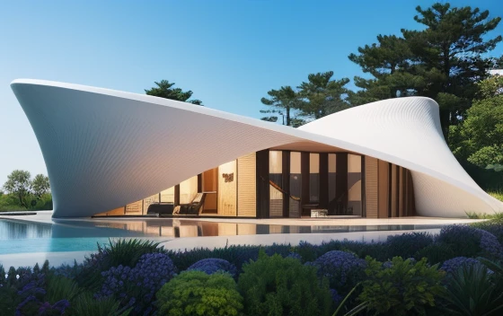 library project perfect wave format, exterior White color,déign by Zaha Hadid, realistic photo of innocense design ::1.6 With pools and gardens. crease surface, sinuous. Cinematic, Photography, Ultra - Wide Angleб hyper - detailed, insane details, covered in plants, intricate details, beautifully color graded, Unreal Engine ::1
