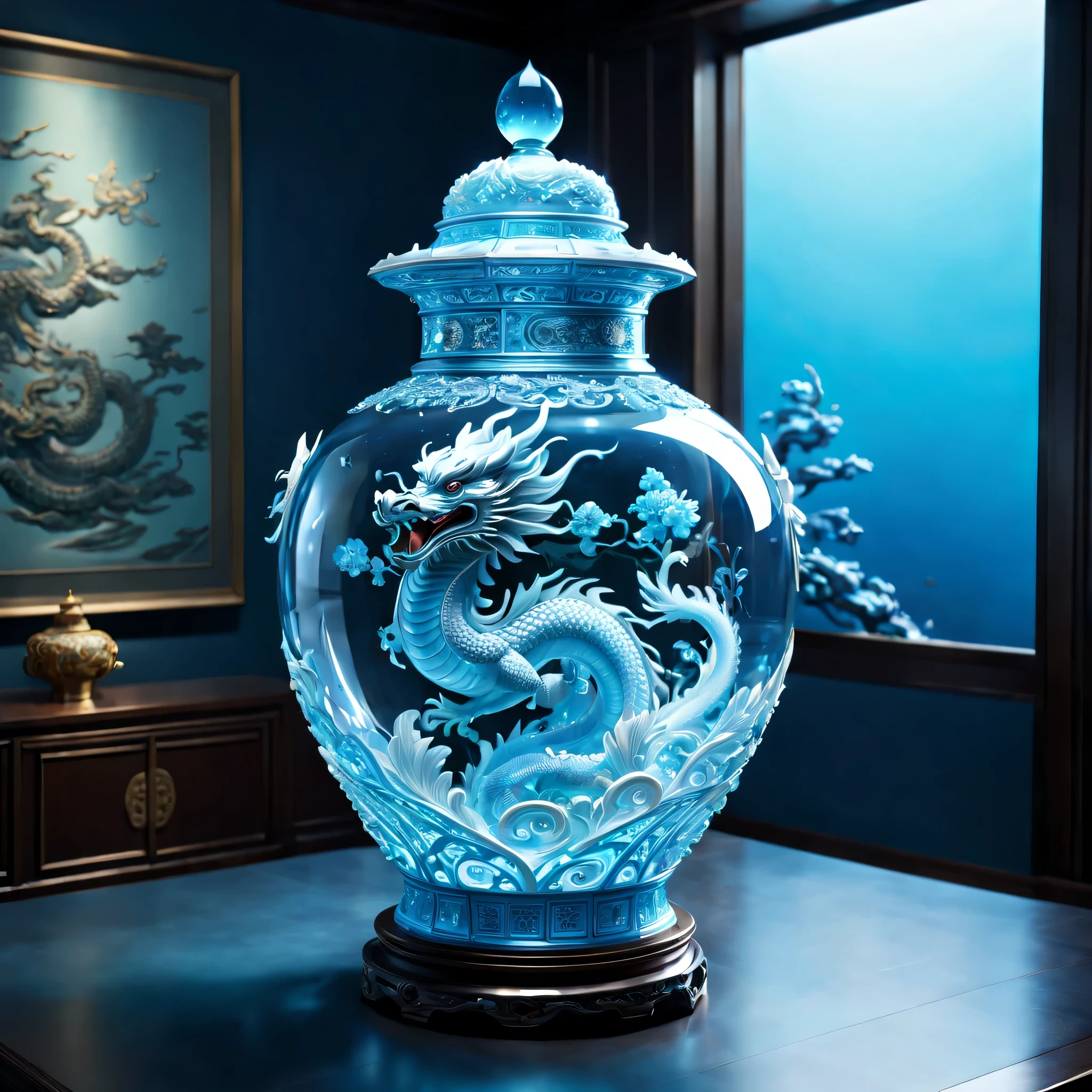 An oriental style vase is displayed in an empty room,There is a dragon inside, RococoStyle, Crystal nuclei, Realistic light depiction, interesting and complex, light blue, hidden academia, World pattern,The body of the vase is illuminated by light, RococoStyle, futuristic elements, Crystal nuclei, Chinese iconography, swirl, light blue, giant money sculpture, Futuristic fantasy style, light blue, An intricate underwater world, Realistic light depiction, clear colors, Crystal nuclei, Light cyan and white, An intricate underwater world风格, Crystal nuclei, chinapunk, swirl, light blue, Glowing portrait, light box,(best quality,4K,8k,high resolution,masterpiece:1.2),super detailed,(actual,realistically,lifelike:1.37),extremely detailed glass vase,There is a dragon on it,super detailedscp神器可以,Complex and gorgeous anime CGI style,Exquisite renderings of the Tang Dynasty,Better than Paul and James Ginn,complex artwork. Guilty car rendering,Complex 8K rendering,8k vray rendering,rendering art,filled with glass. Computer Graphics Association,High quality rendering