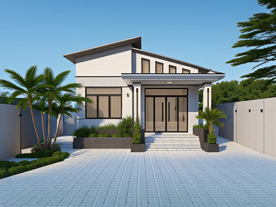 Realistic images, extremely detailed, a modern house,(((1 road in font of house))), large yard made by ceramic, (1 car), brick fence, lawn, a few small flowers, a road in front of the house, main materials of the house are white walls and red brick, Modern design, clear blue sky, sunrise light, light from inside, dynamic light,shimering light, cinematic light, romantic feeling, (((day light, warm light)))