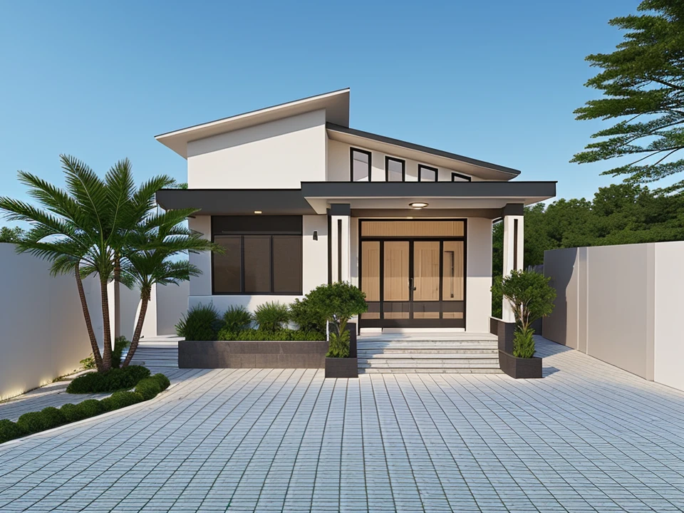 Realistic images, extremely detailed, a modern house,(((1 road in font of house))), large yard made by ceramic, (1 car), brick fence, lawn, a few small flowers, a road in front of the house, main materials of the house are white walls and red brick, Modern design, clear blue sky, sunrise light, light from inside, dynamic light,shimering light, cinematic light, romantic feeling, (((day light, warm light)))