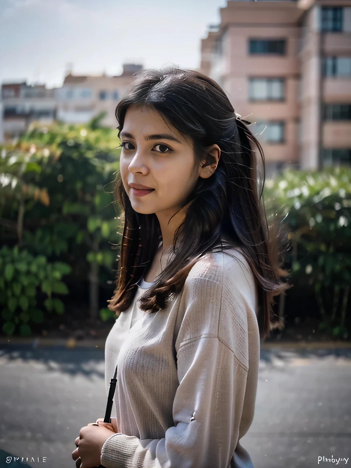 19 years young northeast indian girl standing in greeny land, the photo has taken from the side angle , she is not looking into the camera, not interacting with viewers. enjoying her own company with comfy colorful cloths.high res-photorelastic 1.4