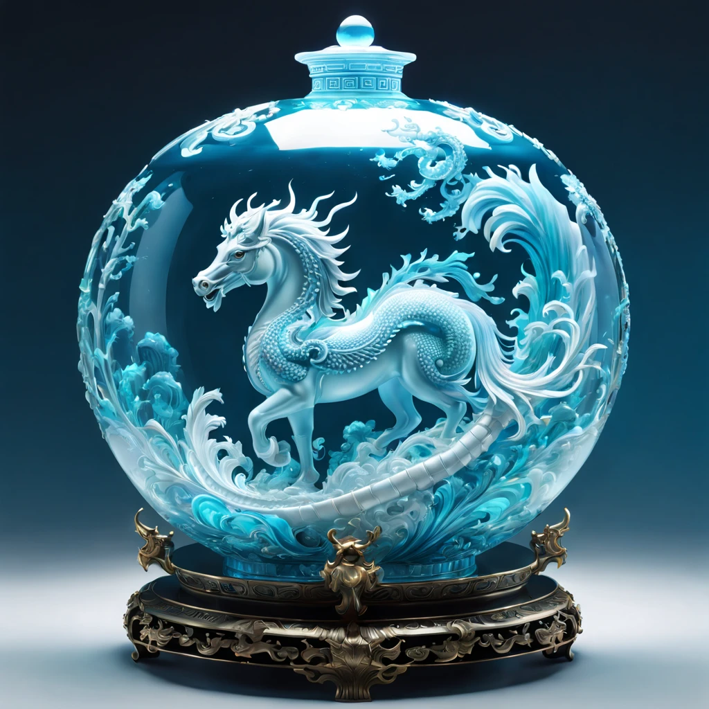 An oriental style vase is displayed in an empty room,There is a dragon horse inside, RococoStyle, Crystal nuclei, Realistic light depiction, interesting and complex, light blue, hidden academia, World pattern,The body of the vase is illuminated by light, RococoStyle, futuristic elements, Crystal nuclei, Chinese iconography, swirl, light blue, giant money sculpture, Futuristic fantasy style, light blue, An intricate underwater world, Realistic light depiction, clear colors, Crystal nuclei, Light cyan and white, An intricate underwater world风格, Crystal nuclei, chinapunk, swirl, light blue, Glowing portrait, light box,(best quality,4K,8k,high resolution,masterpiece:1.2),super detailed,(actual,realistically,lifelike:1.37),extremely detailed glass vase,There is a dragon horse on it,super detailedscp神器可以,Complex and gorgeous anime CGI style,Exquisite renderings of the Tang Dynasty,Better than Paul and James Ginn,complex artwork. Guilty car rendering,Complex 8K rendering,8k vray rendering,rendering art,filled with glass. Computer Graphics Association,High quality rendering